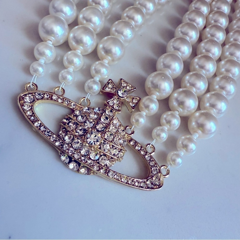 NWOT Elegant Triple Strand Pearl Necklace w Crystal Orb/Cross - Picture 3 of 4